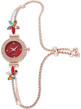 Women's Red Analog Quartz Light Simple Floral Bracelet Diamond Luxury Watch